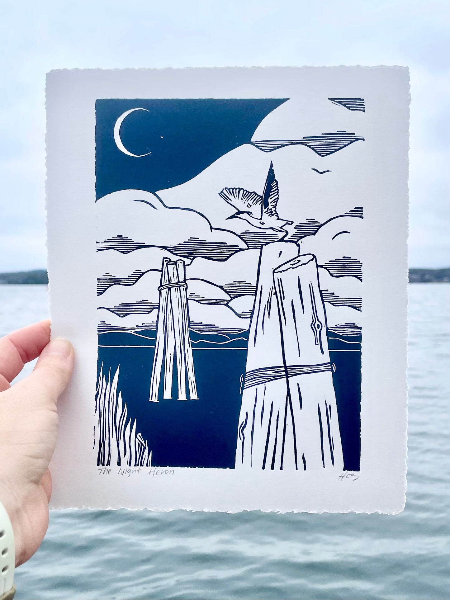 The Night Heron Handmade Linocut Print