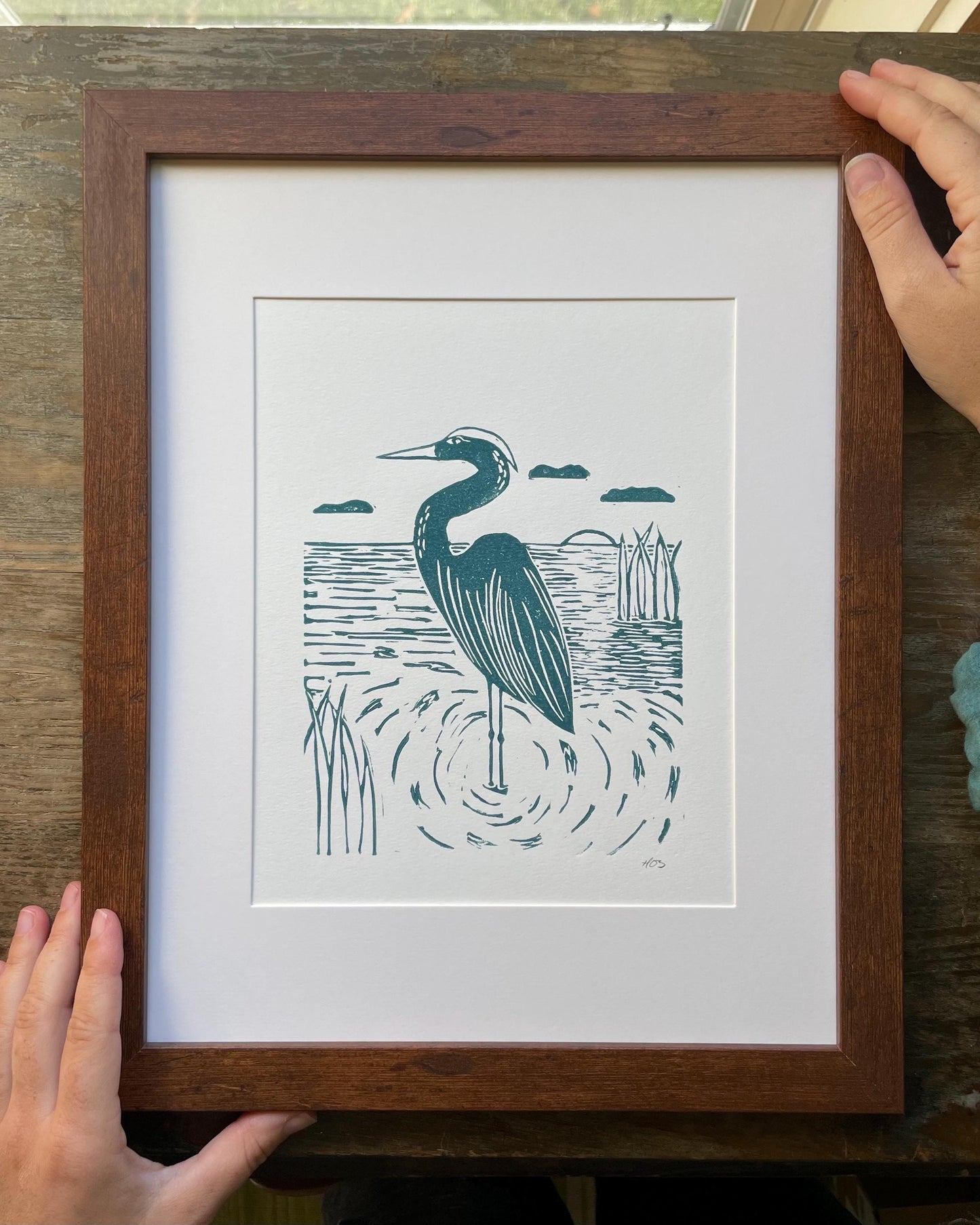 Heron Sunrise Linocut