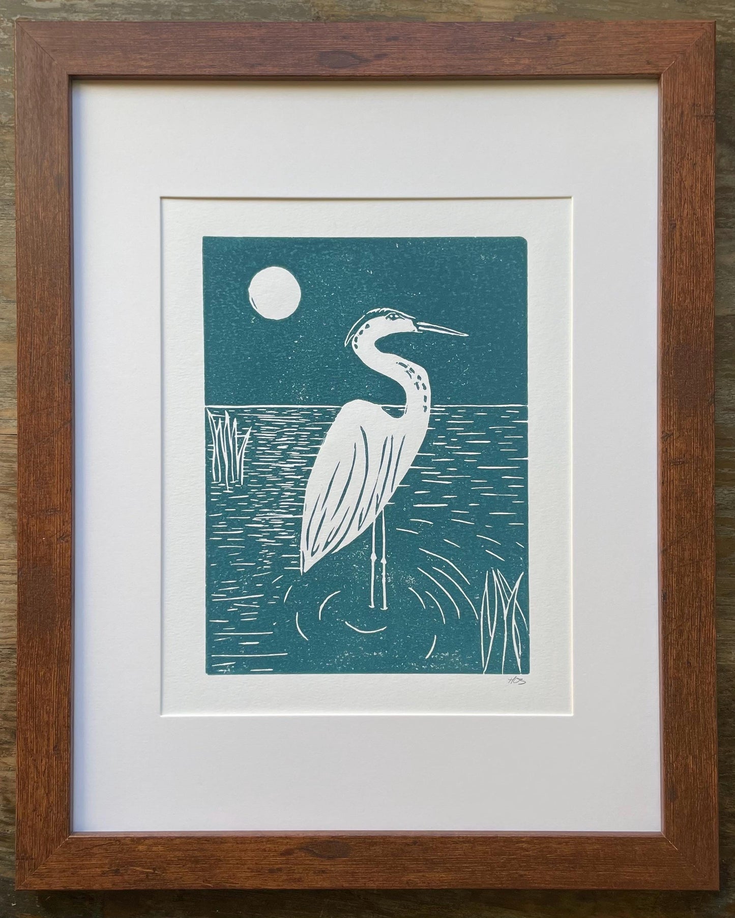 Heron Moonlight Linocut