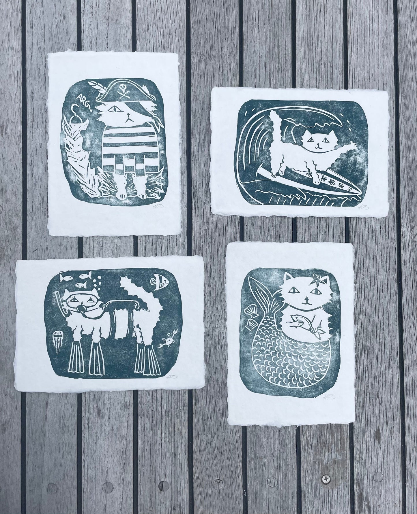 Scuba Cat Linocut Print