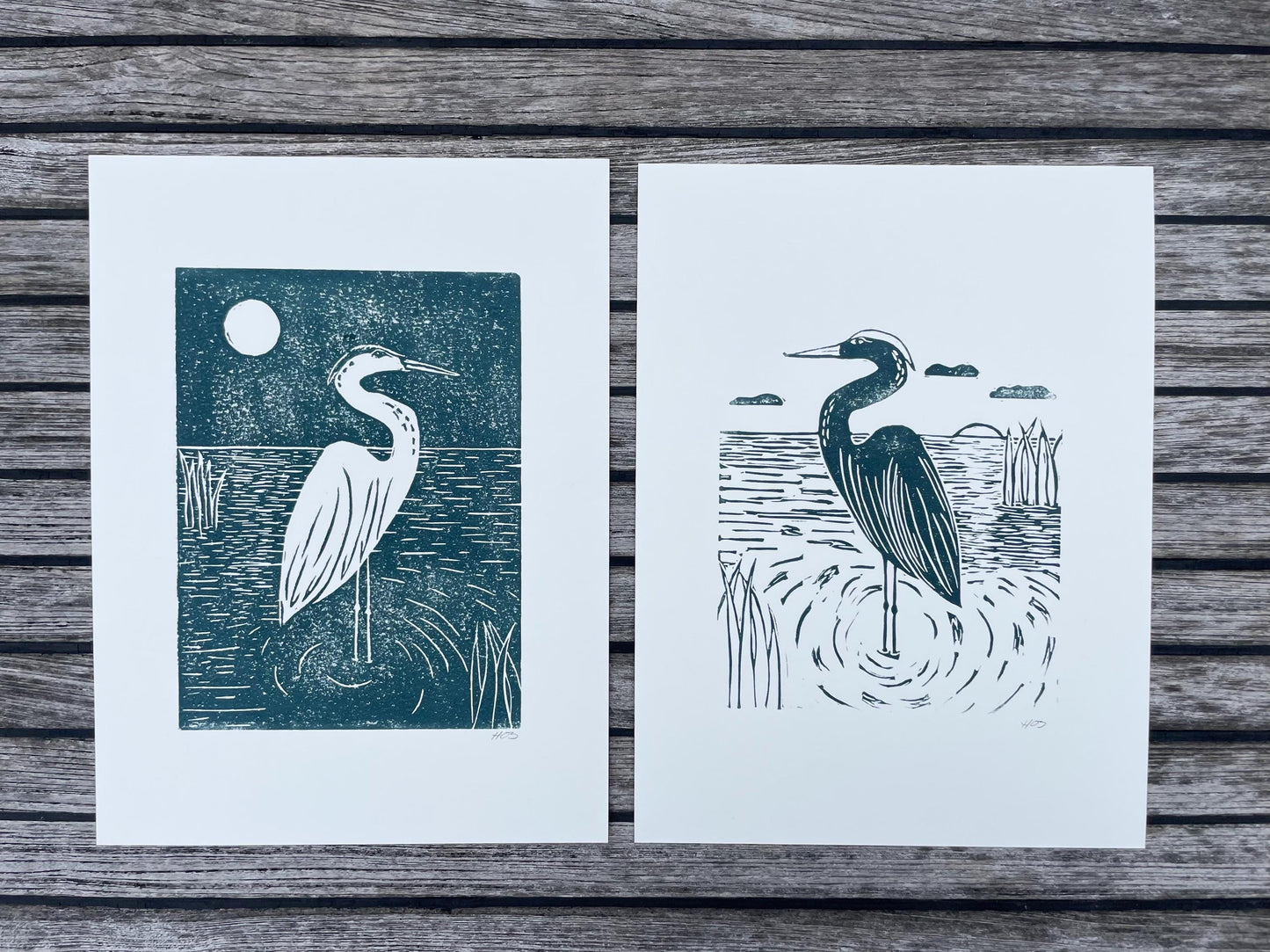 Heron Moonlight Linocut