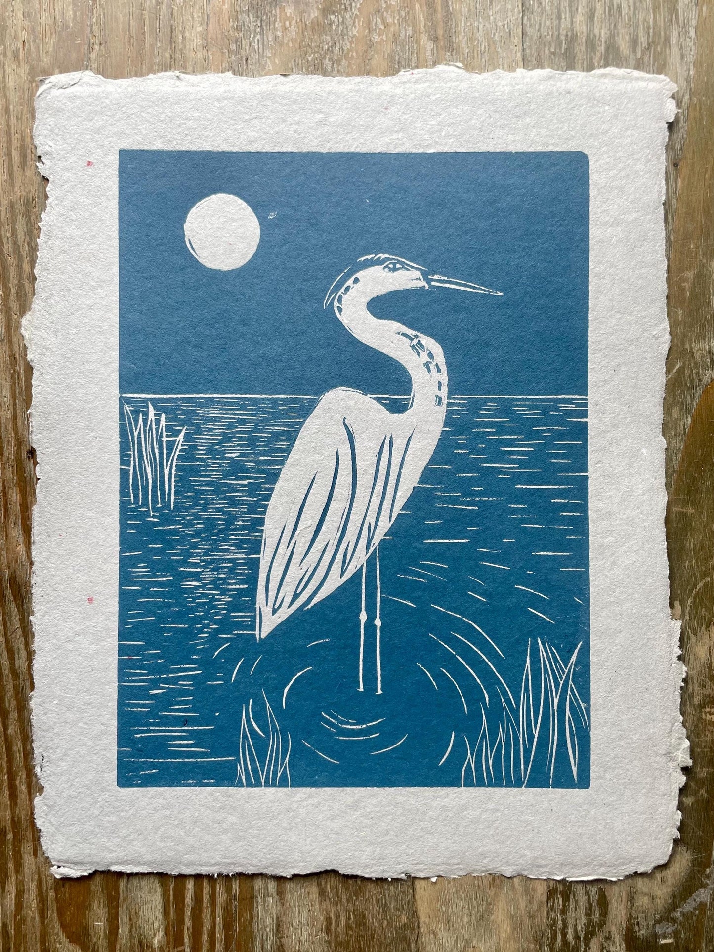 Heron Moonlight Linocut