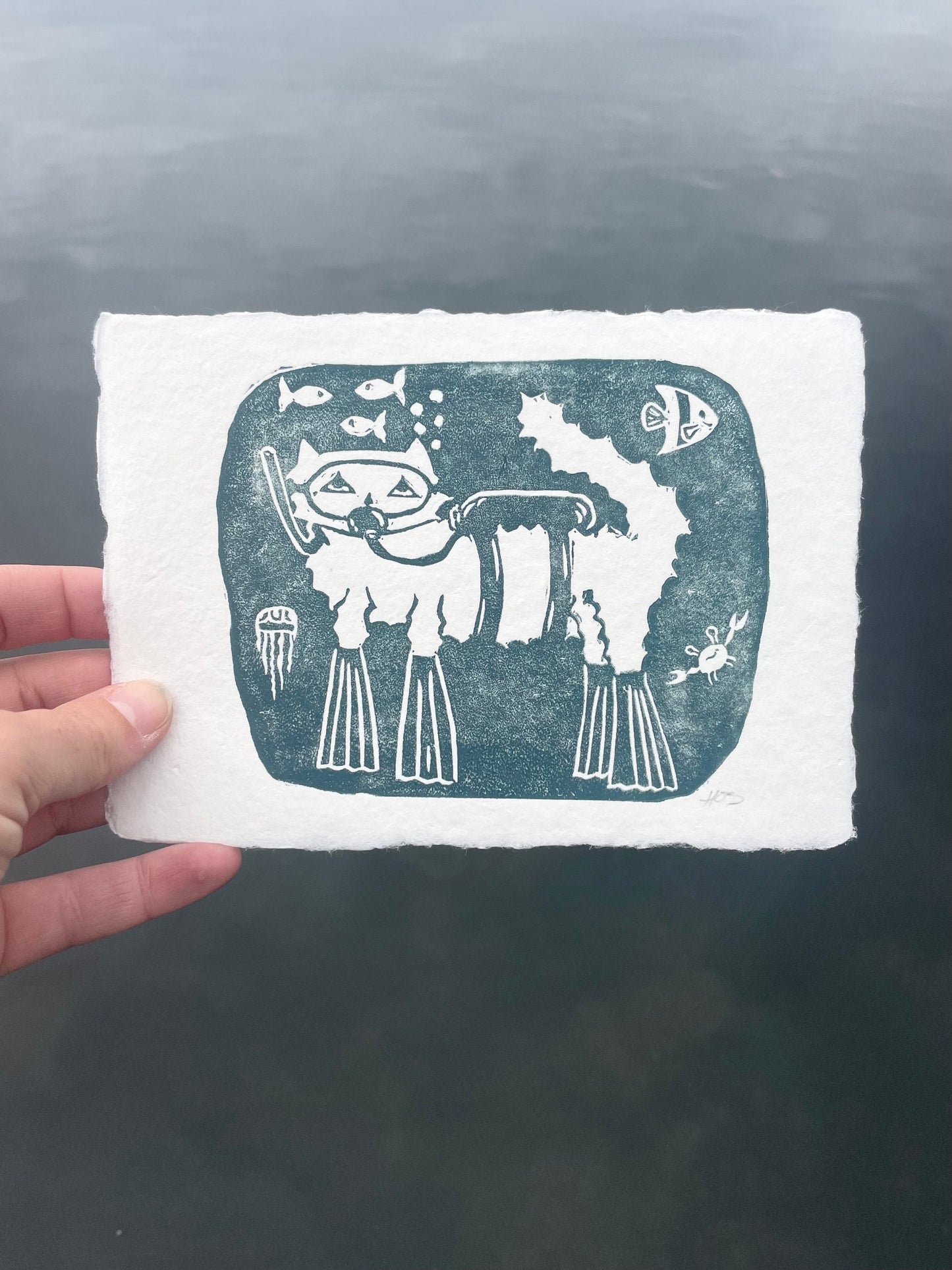 Scuba Cat Linocut Print