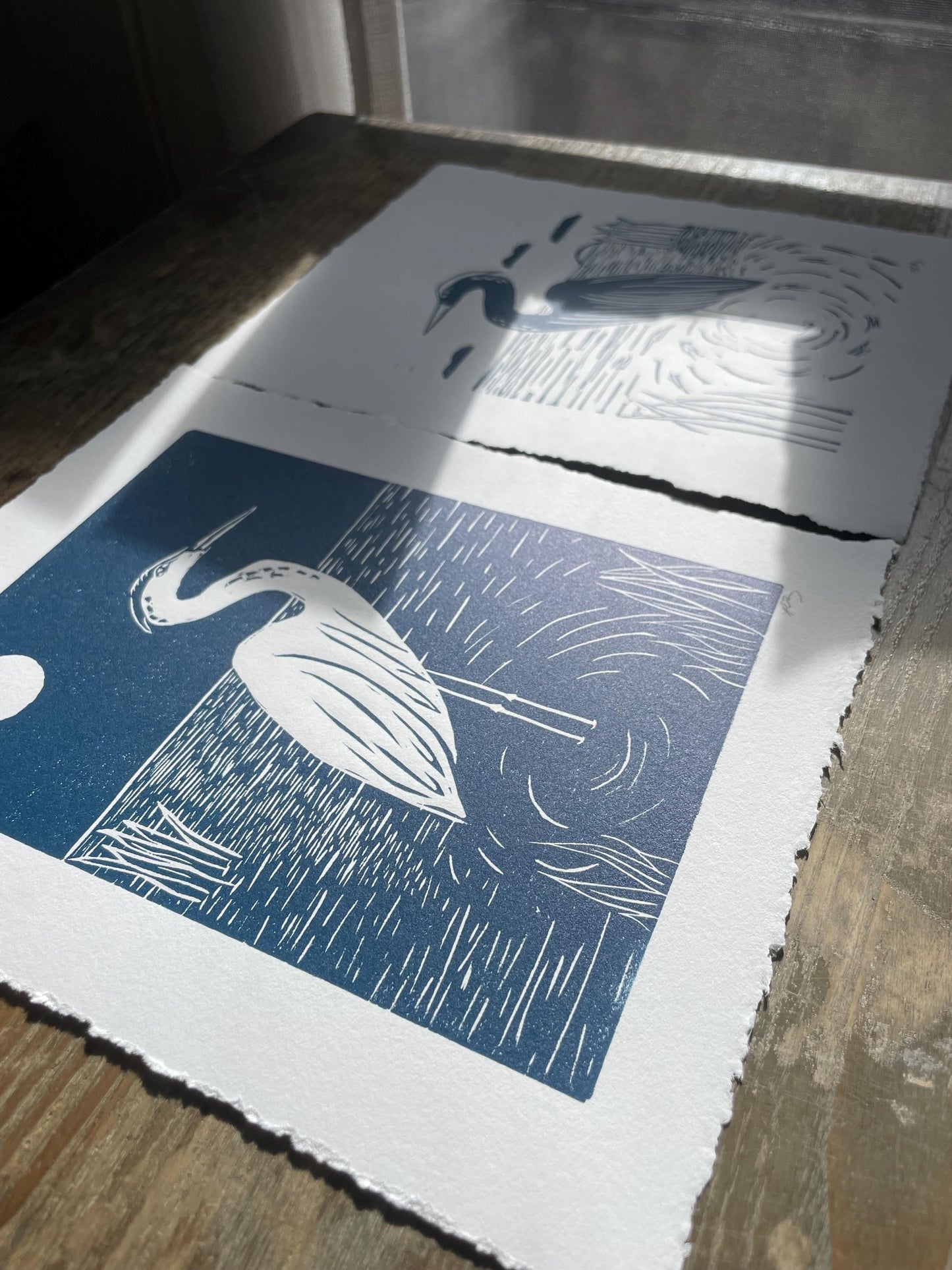 Heron Moonlight Linocut