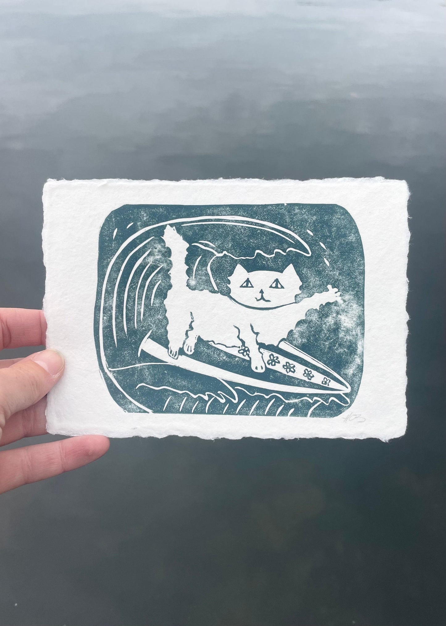 Surfer Cat Linocut Print