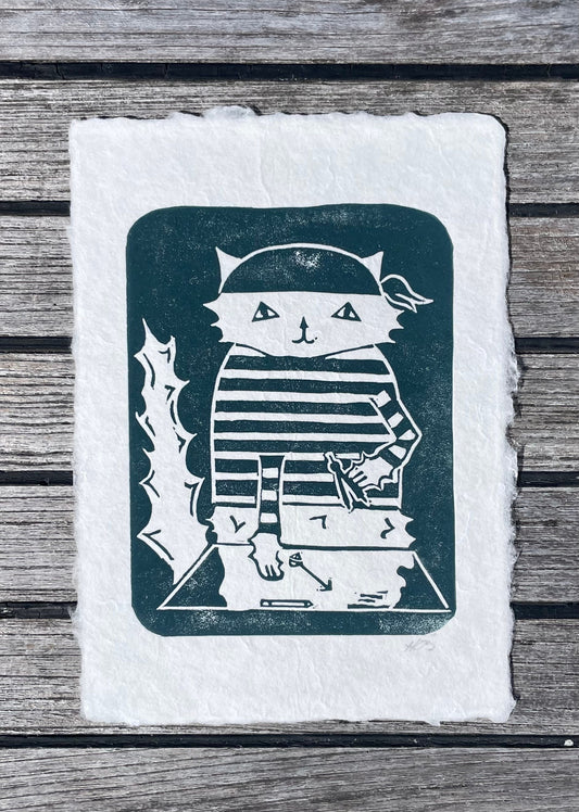 First Mate Cat Linocut Print