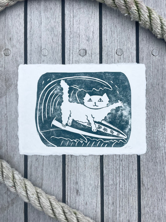 Surfer Cat Linocut Print