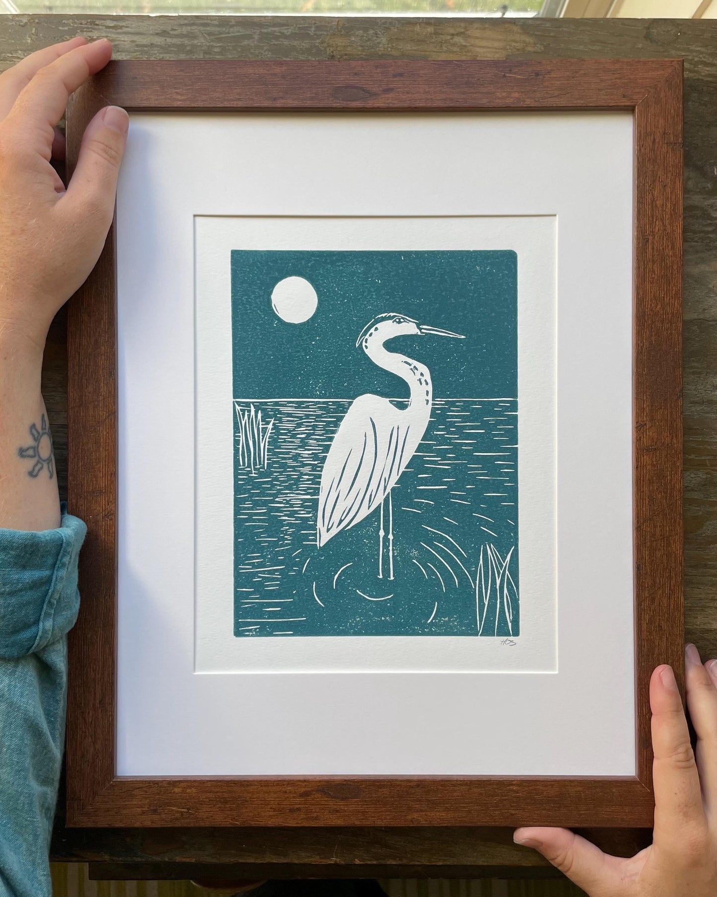 Heron Moonlight Linocut