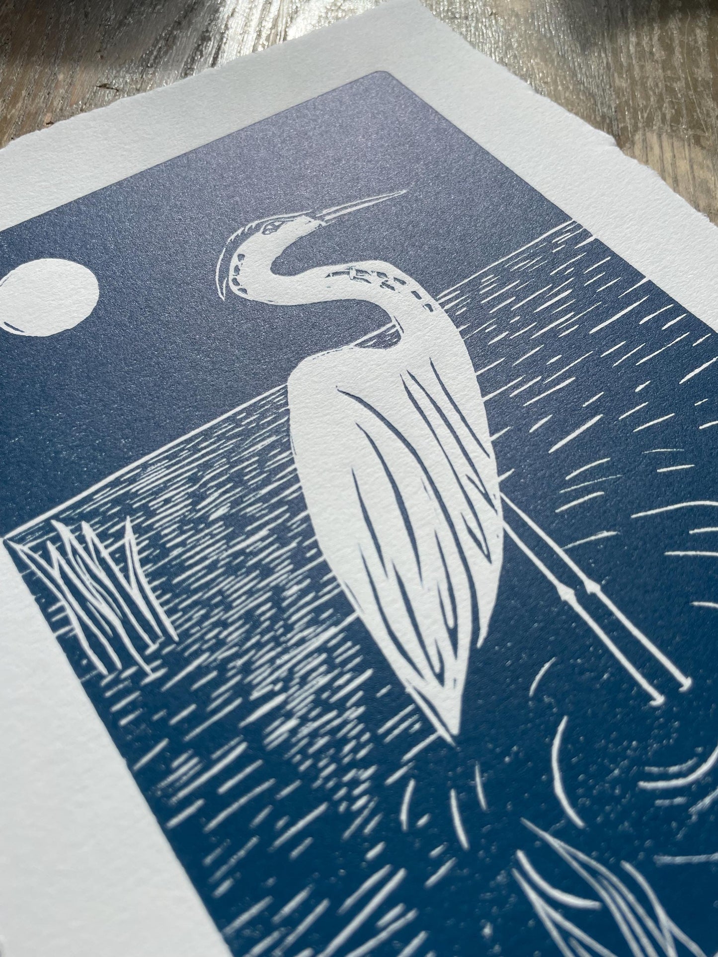 Heron Moonlight Linocut