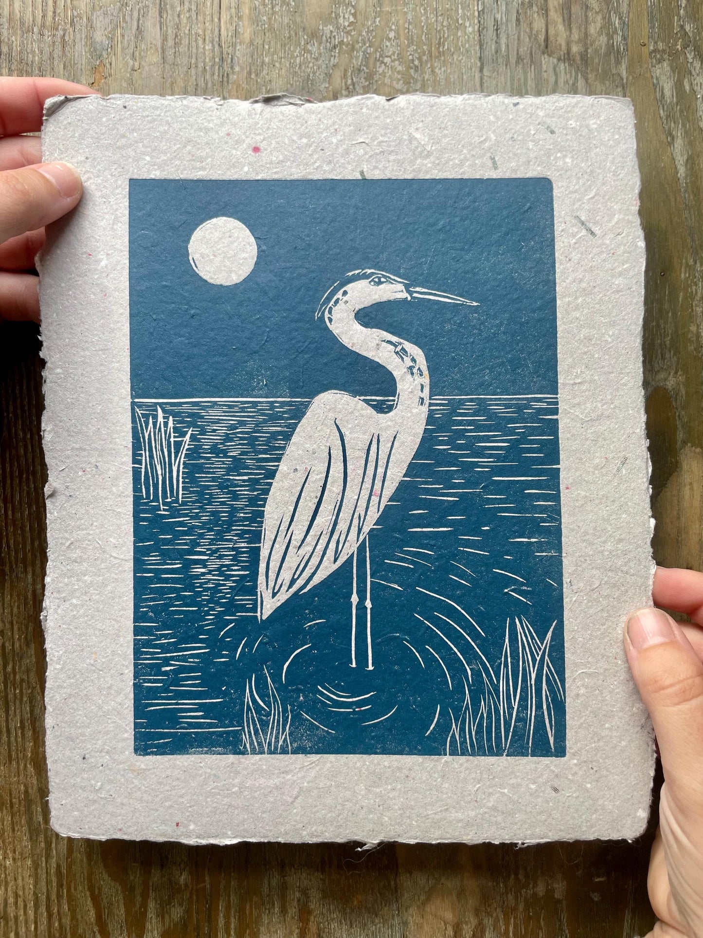 Heron Moonlight Linocut