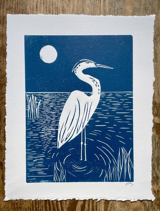 Heron Moonlight Linocut
