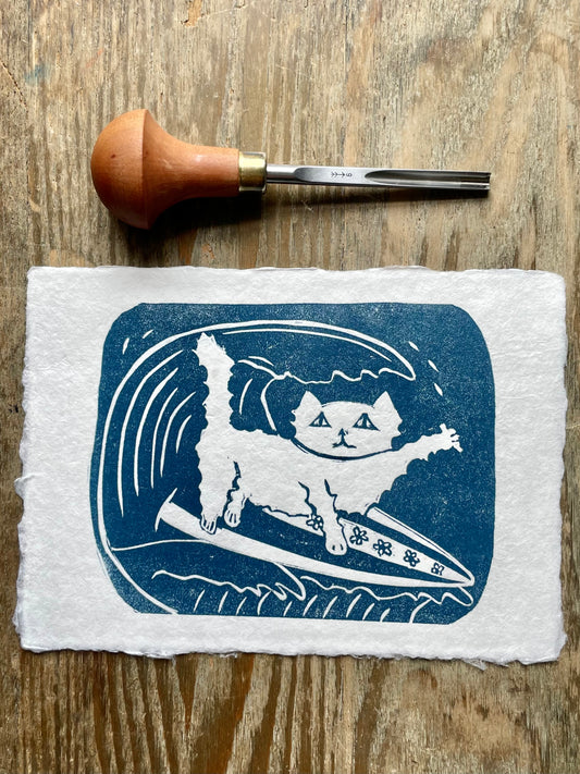 Surfer Cat Linocut Print