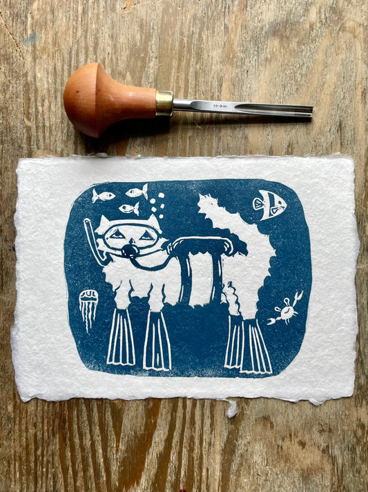 Scuba Cat Linocut Print