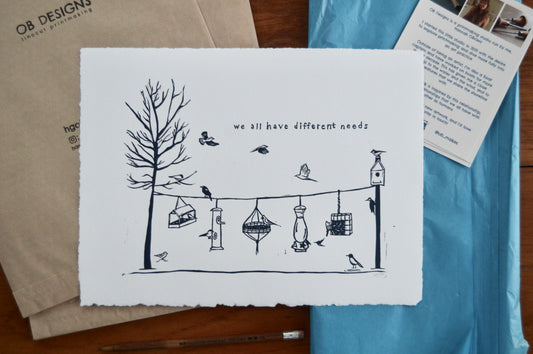 We All Have Different Needs Handmade Linocut Print