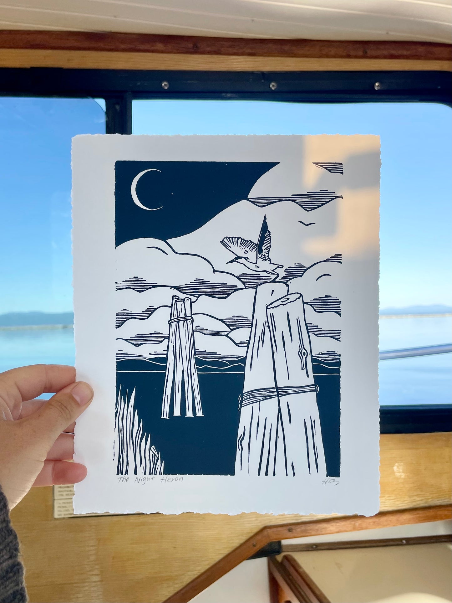 The Night Heron Handmade Linocut Print