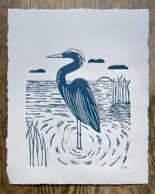 Heron Sunrise Linocut