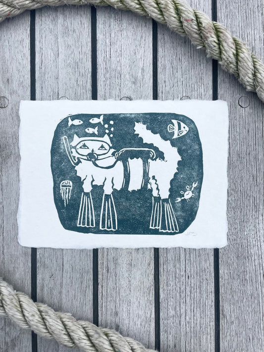 Scuba Cat Linocut Print